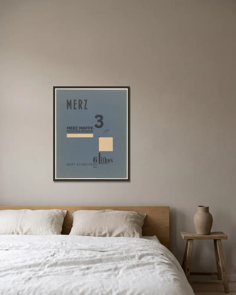 Merz 3. Kurt Schwitters 6 Lithos Pl.1 av Kurt Schwitters inramad på en vägg