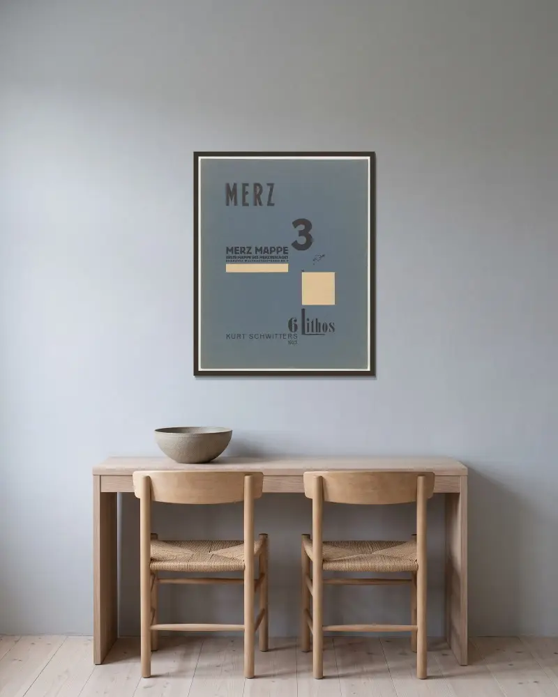 Merz 3. Kurt Schwitters 6 Lithos Pl.1 av Kurt Schwitters inramad på en vägg