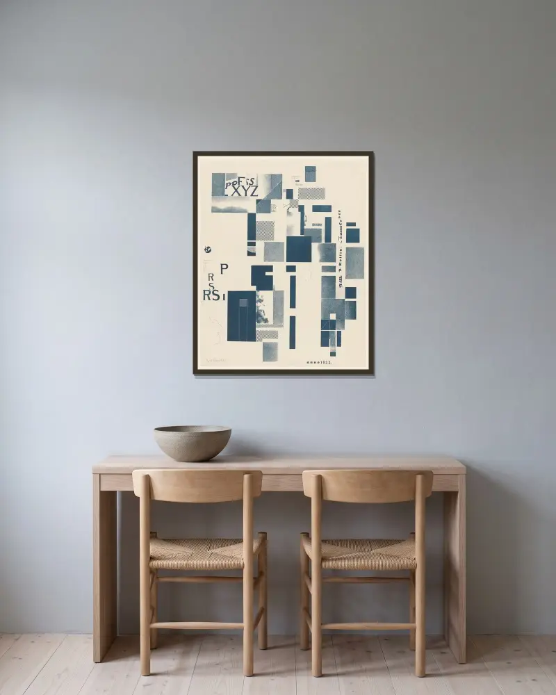 Merz 3. Kurt Schwitters 6 Lithos Pl.4 av Kurt Schwitters inramad på en vägg