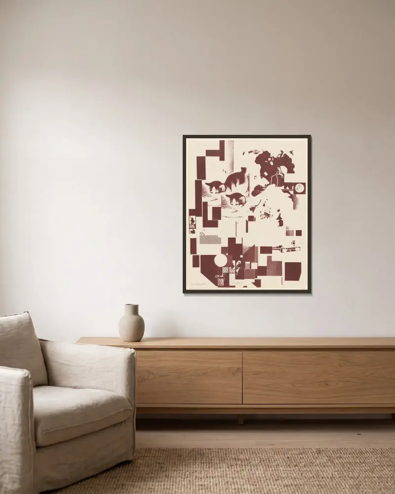 Merz 3. Kurt Schwitters 6 Lithos Pl.6 av Kurt Schwitters inramad på en vägg