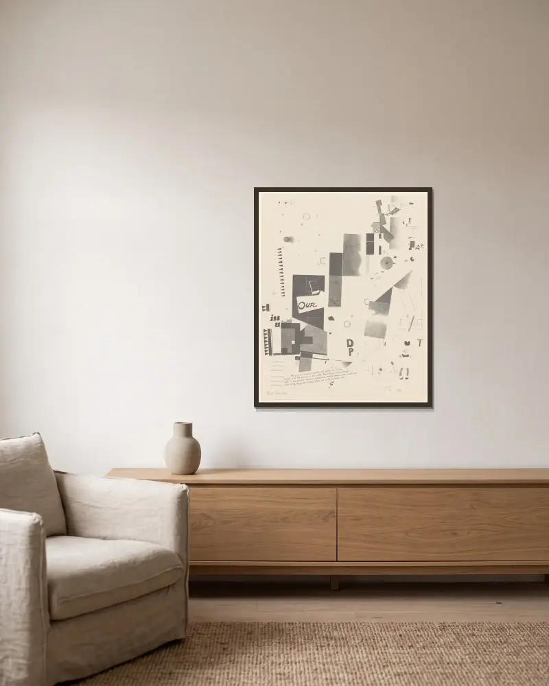 Merz 3. Kurt Schwitters 6 Lithos Pl.7 av Kurt Schwitters inramad på en vägg