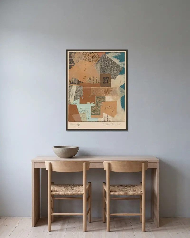 Merzz. 19 av Kurt Schwitters inramad på en vägg