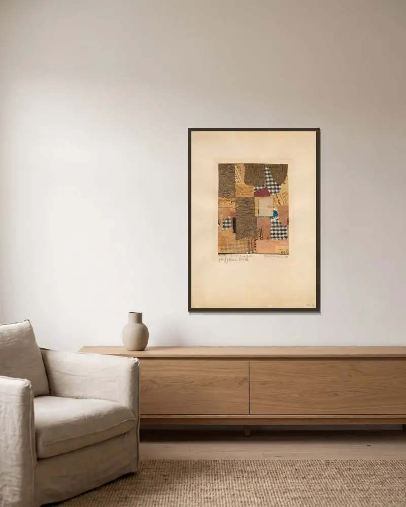 Mz 117. Genève Karo Gelb av Kurt Schwitters inramad på en vägg
