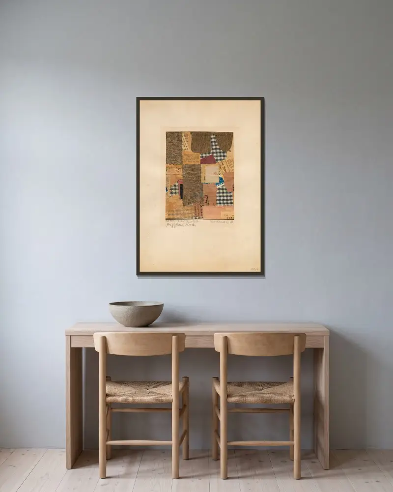 Mz 117. Genève Karo Gelb av Kurt Schwitters inramad på en vägg