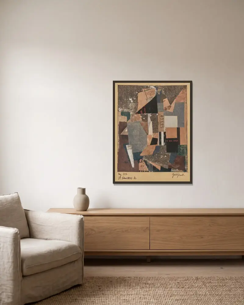 Mz. 247. Gelbfleck av Kurt Schwitters inramad på en vägg