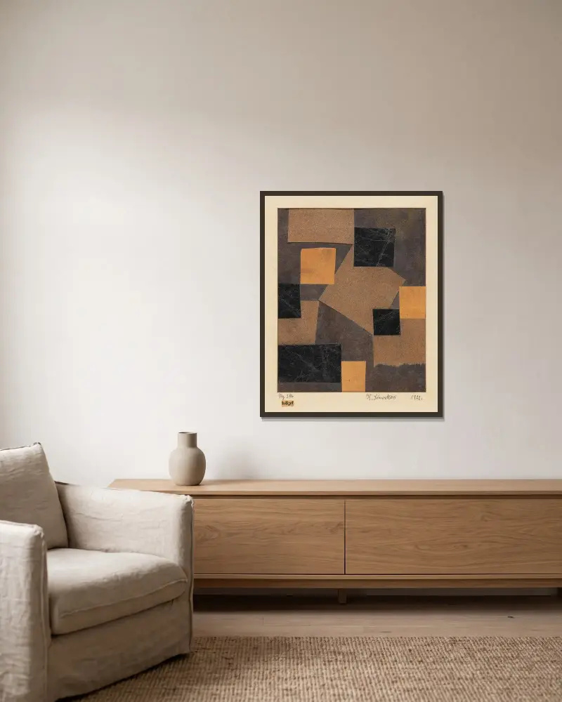 Mz 386 Hopf (Merzzeichnung) av Kurt Schwitters inramad på en vägg