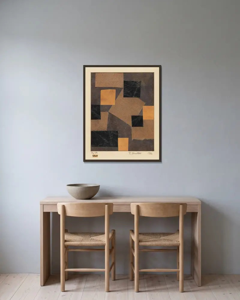 Mz 386 Hopf (Merzzeichnung) av Kurt Schwitters inramad på en vägg