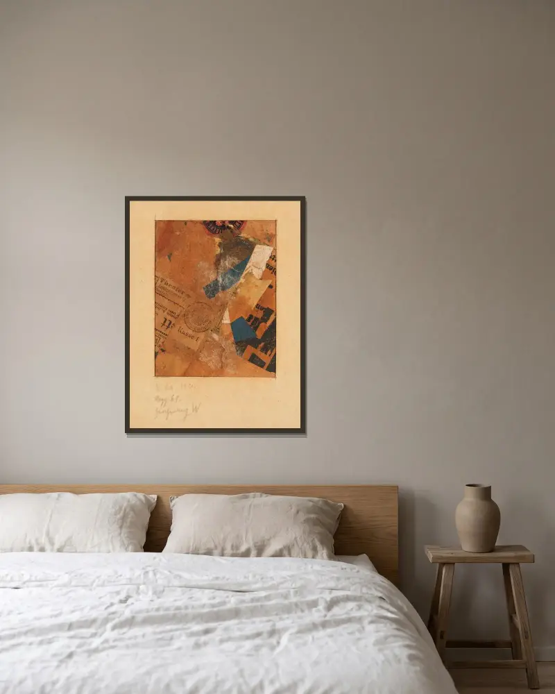 Merz-teckning (Mzz 61 utan titel) av Kurt Schwitters inramad på en vägg