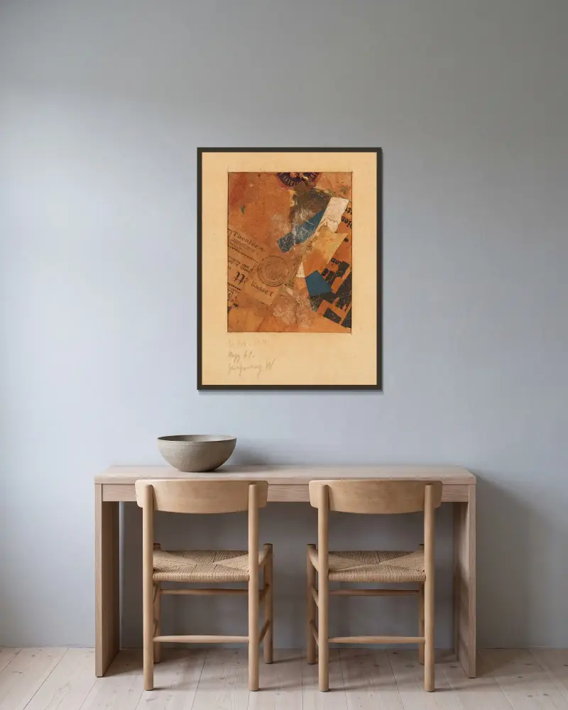 Merz-teckning (Mzz 61 utan titel) av Kurt Schwitters inramad på en vägg