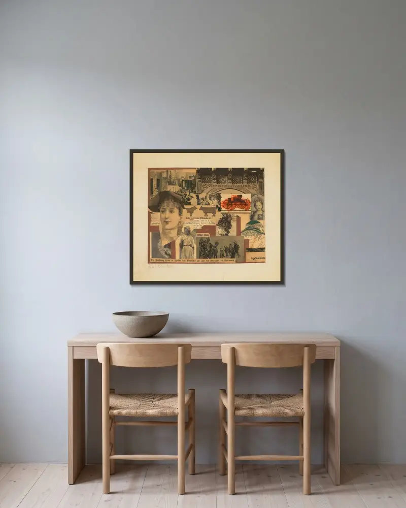 Utan titel (Handlingen utspelar sig i Theben) av Kurt Schwitters inramad på en vägg