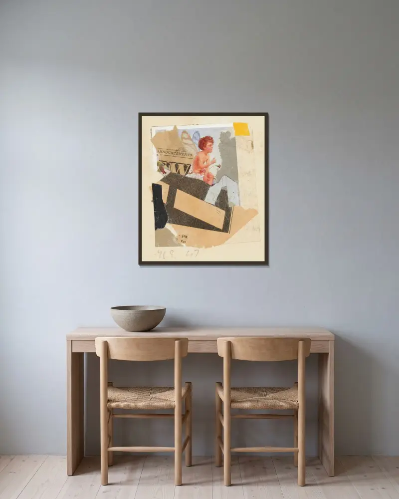 Ohne Titel (Ankündigungen) av Kurt Schwitters inramad på en vägg