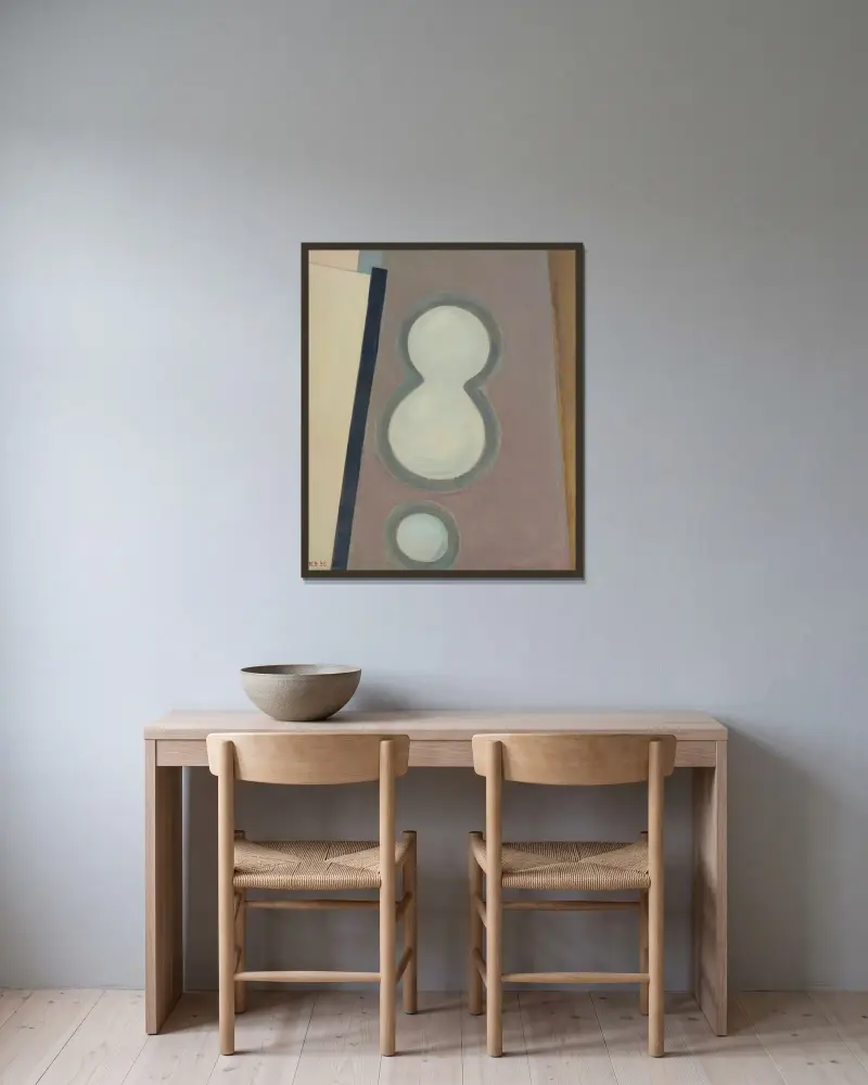 Ohne Titel (Acht) av Kurt Schwitters inramad på en vägg