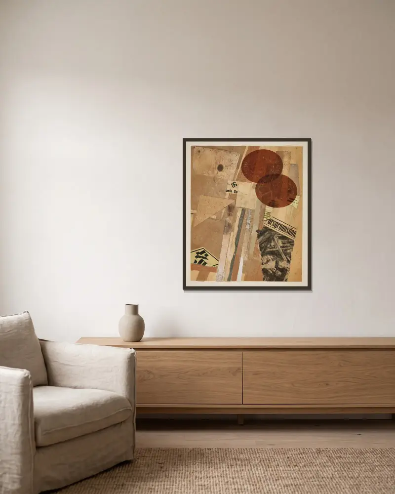 Ohne Titel (orsgrunnsdan) av Kurt Schwitters inramad på en vägg