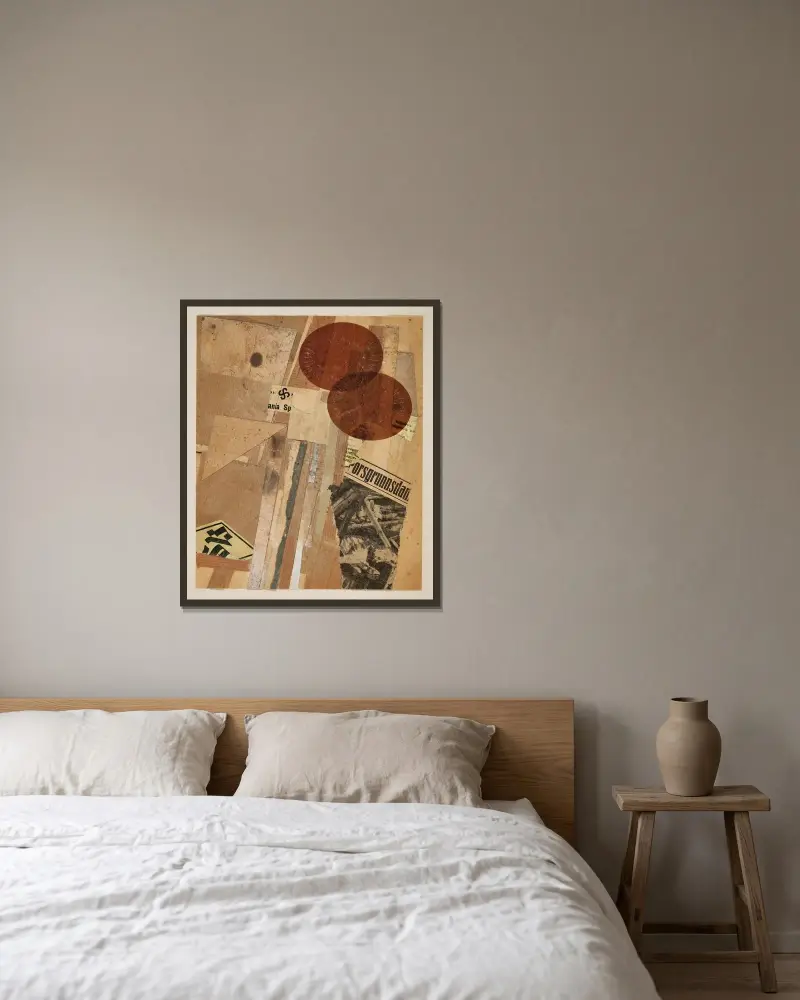 Ohne Titel (orsgrunnsdan) av Kurt Schwitters inramad på en vägg