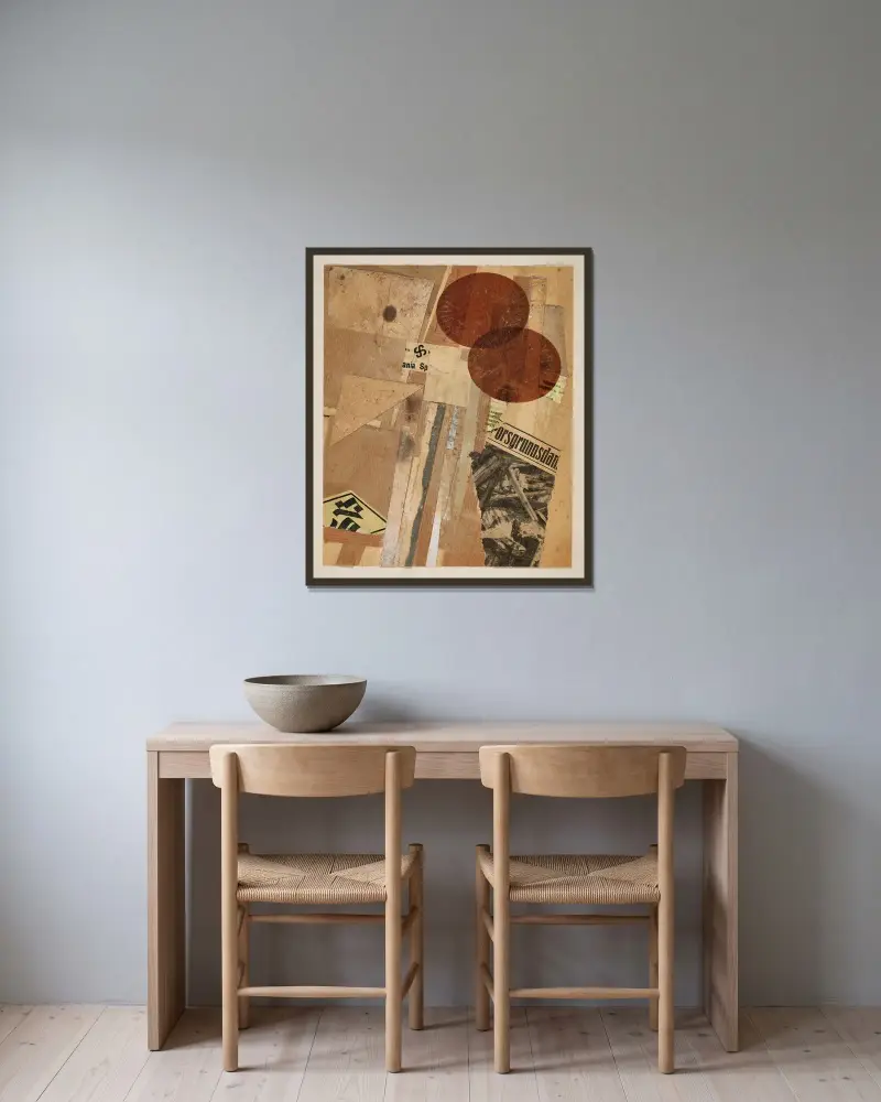 Ohne Titel (orsgrunnsdan) av Kurt Schwitters inramad på en vägg