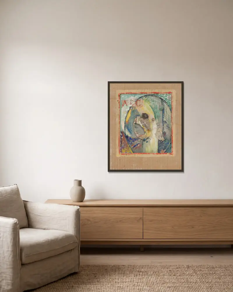 Utan titel (ABC) av Kurt Schwitters inramad på en vägg