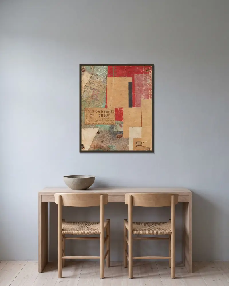 Ohne Titel (Contramerk.) av Kurt Schwitters inramad på en vägg