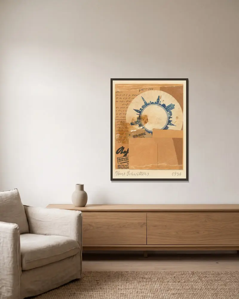 Bez názvu (20 ØRE, s koránovými stránkami), 1936, Kurt Schwitters v rámu na stěně