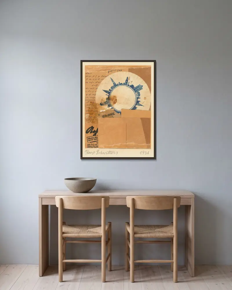 Bez názvu (20 ØRE, s koránovými stránkami), 1936, Kurt Schwitters v rámu na stěně