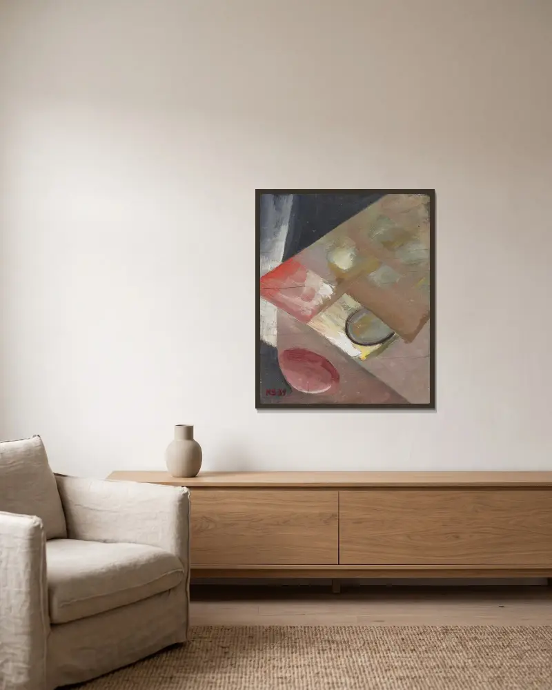 Utan titel (Bild med snedplan) av Kurt Schwitters inramad på en vägg