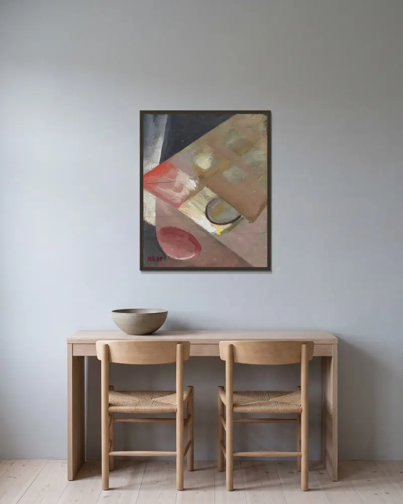 Utan titel (Bild med snedplan) av Kurt Schwitters inramad på en vägg