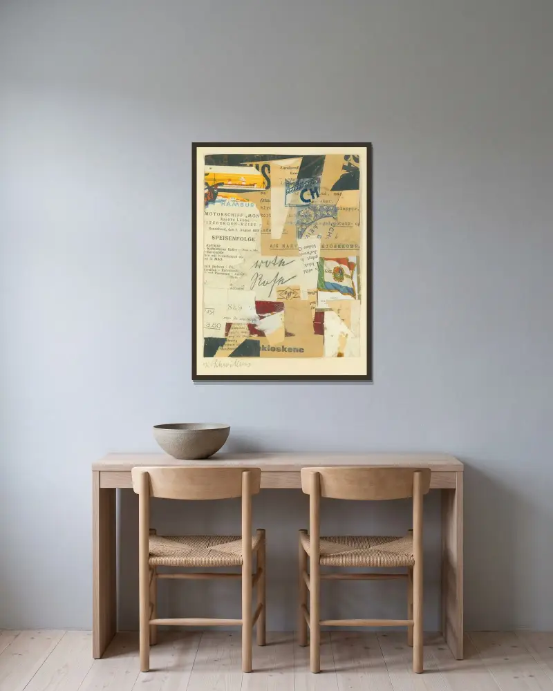 Utan titel (Röd ros) av Kurt Schwitters inramad på en vägg