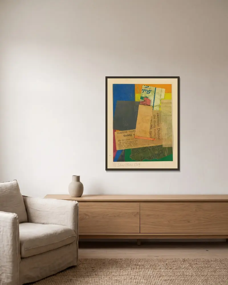 Ohne Titel (Geldig) av Kurt Schwitters inramad på en vägg