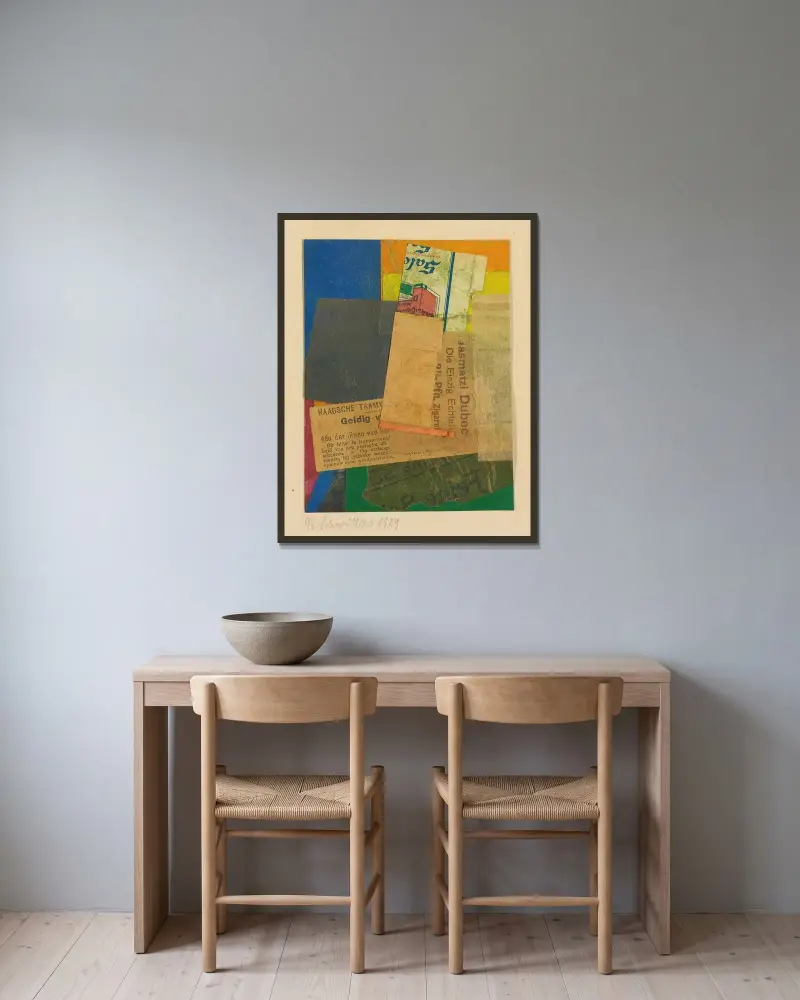 Ohne Titel (Geldig) av Kurt Schwitters inramad på en vägg