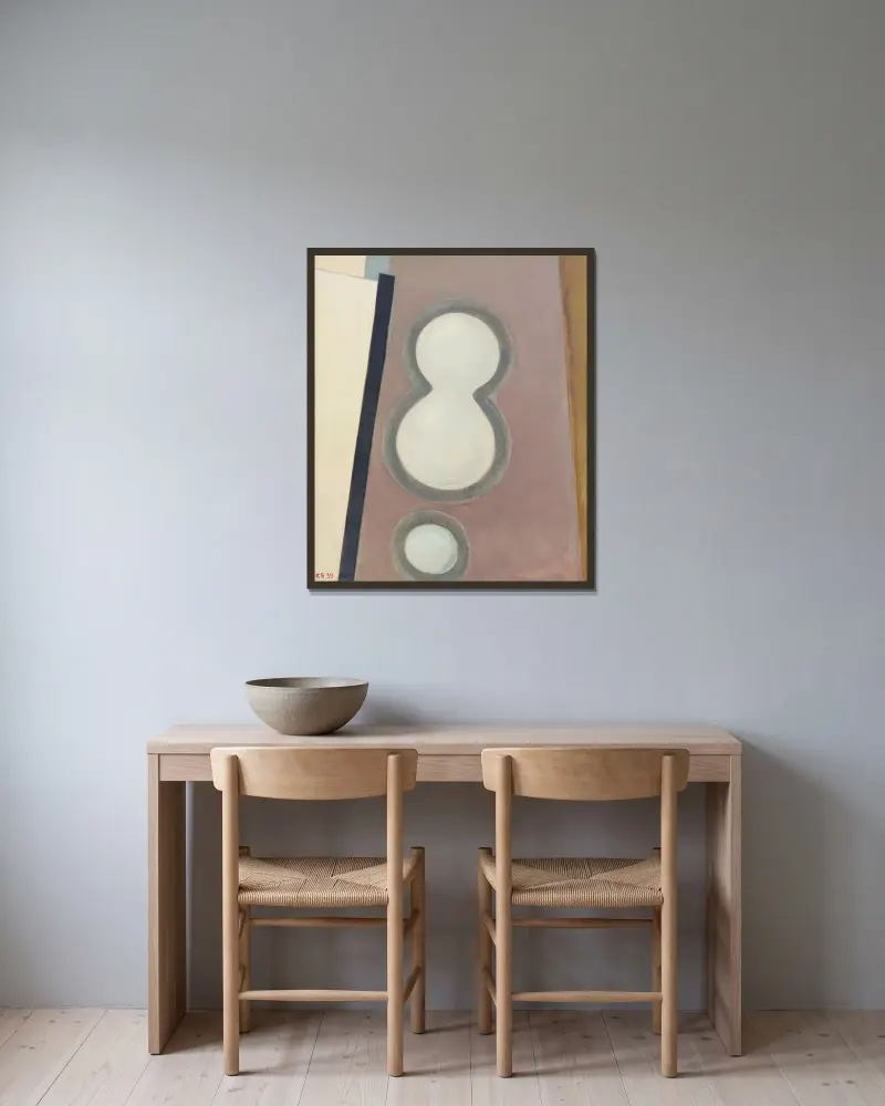 Ohne Titel (Acht) av Kurt Schwitters inramad på en vägg