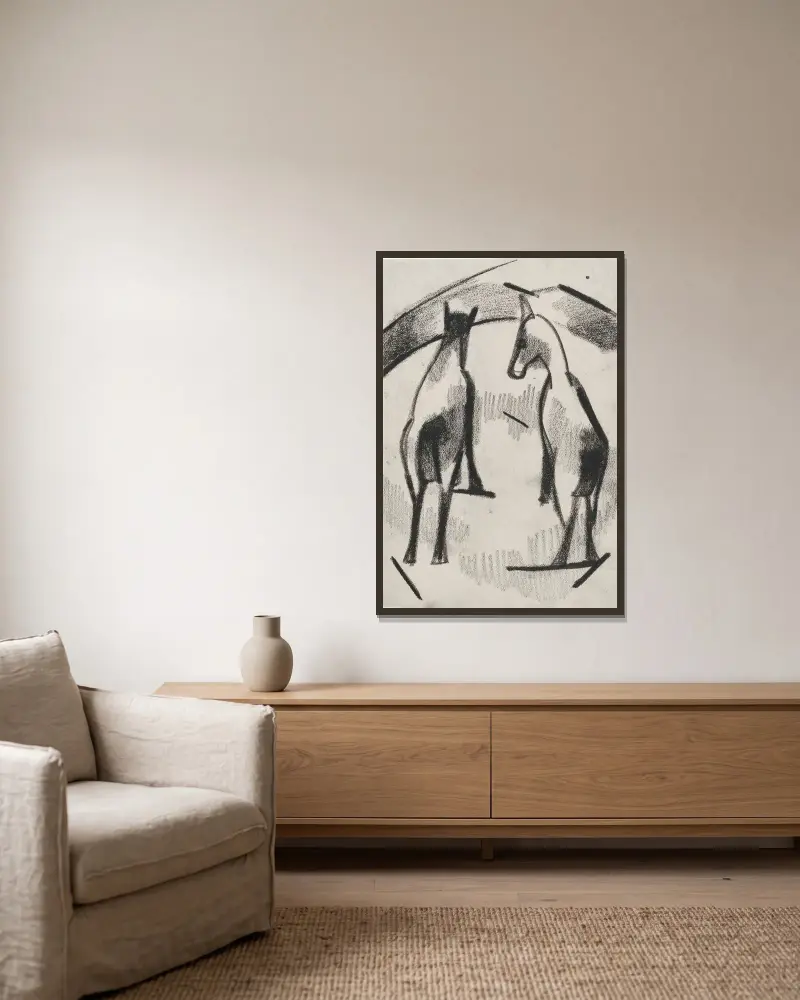Utan titel (Två hästar) av Kurt Schwitters inramad på en vägg