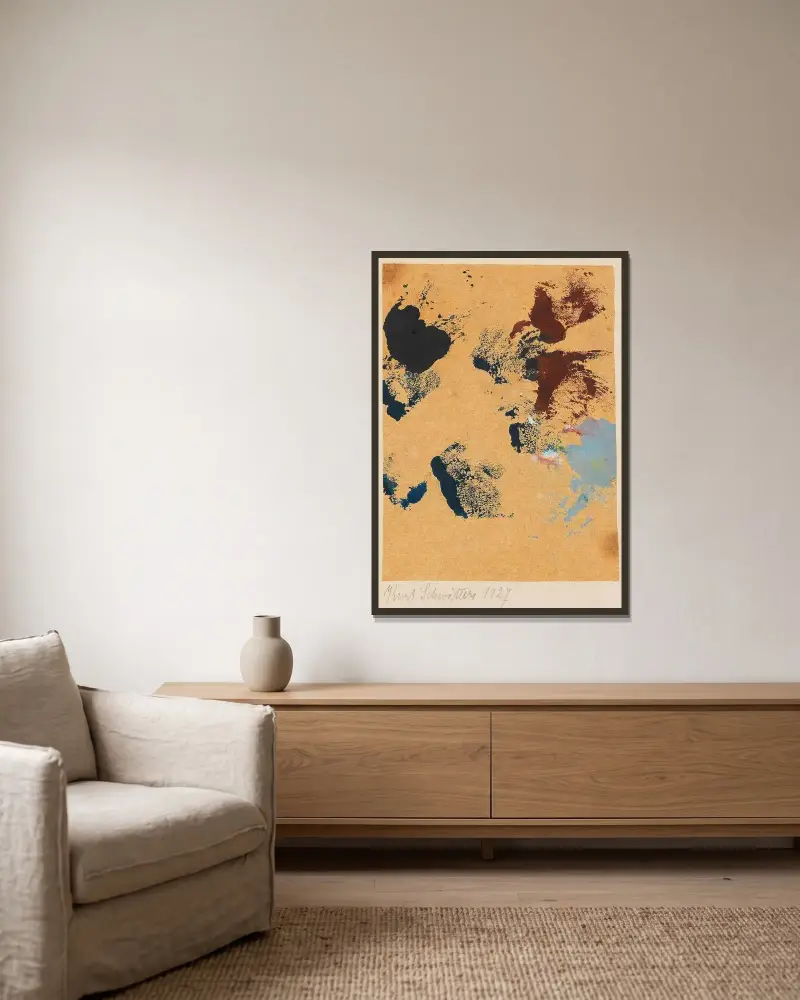 Utan titel (sprutande färg) av Kurt Schwitters inramad på en vägg