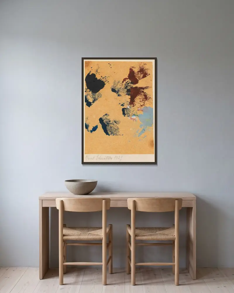 Utan titel (sprutande färg) av Kurt Schwitters inramad på en vägg