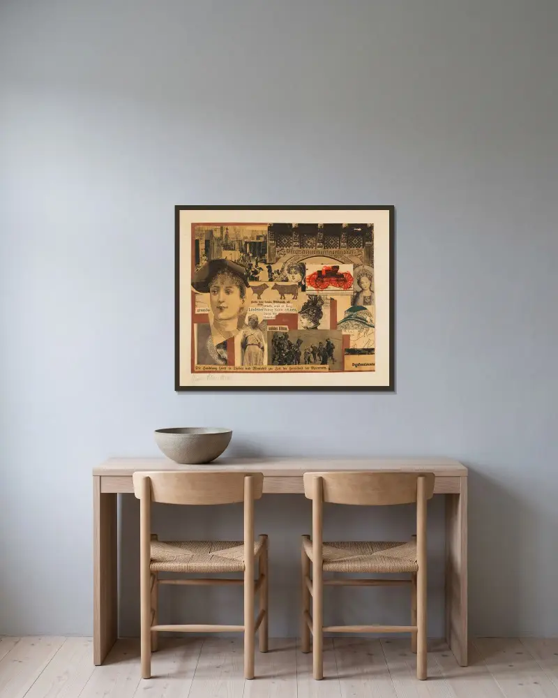 Utan titel (Handlingen utspelar sig i Theben) av Kurt Schwitters inramad på en vägg