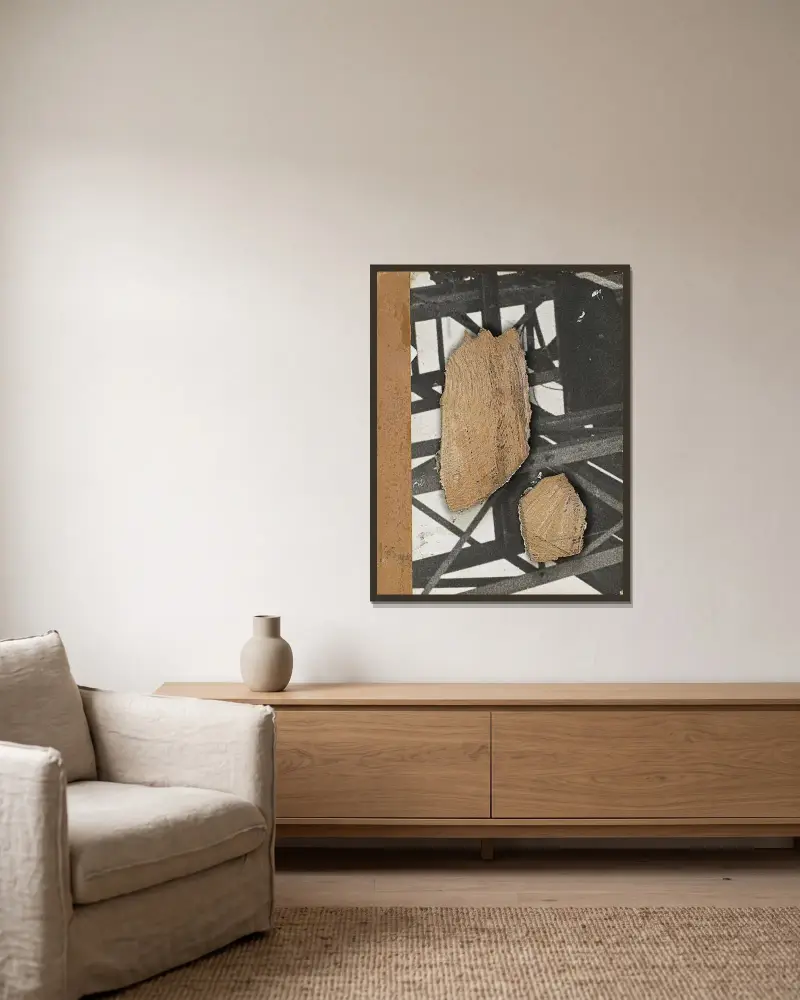 Ohne Titel (Mit Stahlträgerkonstruktion) av Kurt Schwitters inramad på en vägg