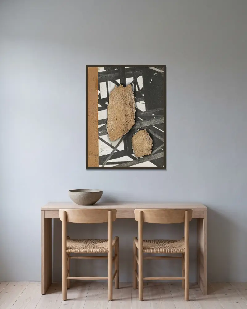 Ohne Titel (Mit Stahlträgerkonstruktion) av Kurt Schwitters inramad på en vägg