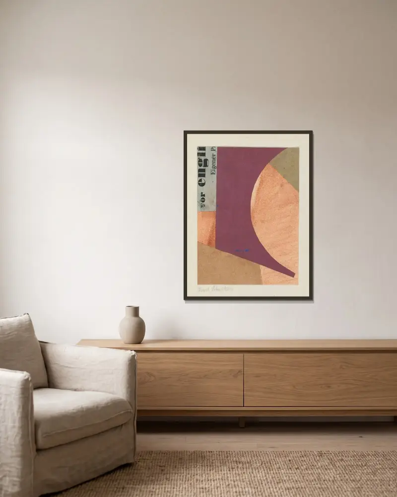 Utan titel (Före Engli Egen P) av Kurt Schwitters inramad på en vägg