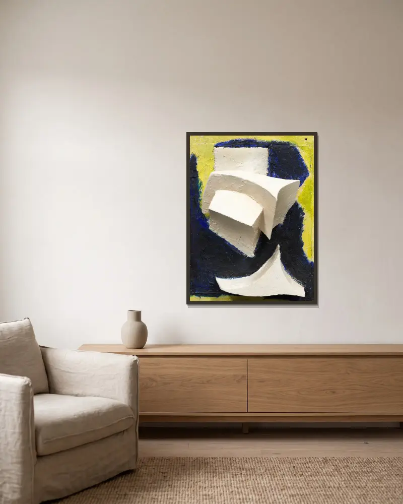 Ohne Titel (Bewegtes Weiss auf Blau und Gelb), 1944 von Kurt Schwitters gerahmt an einer Wand