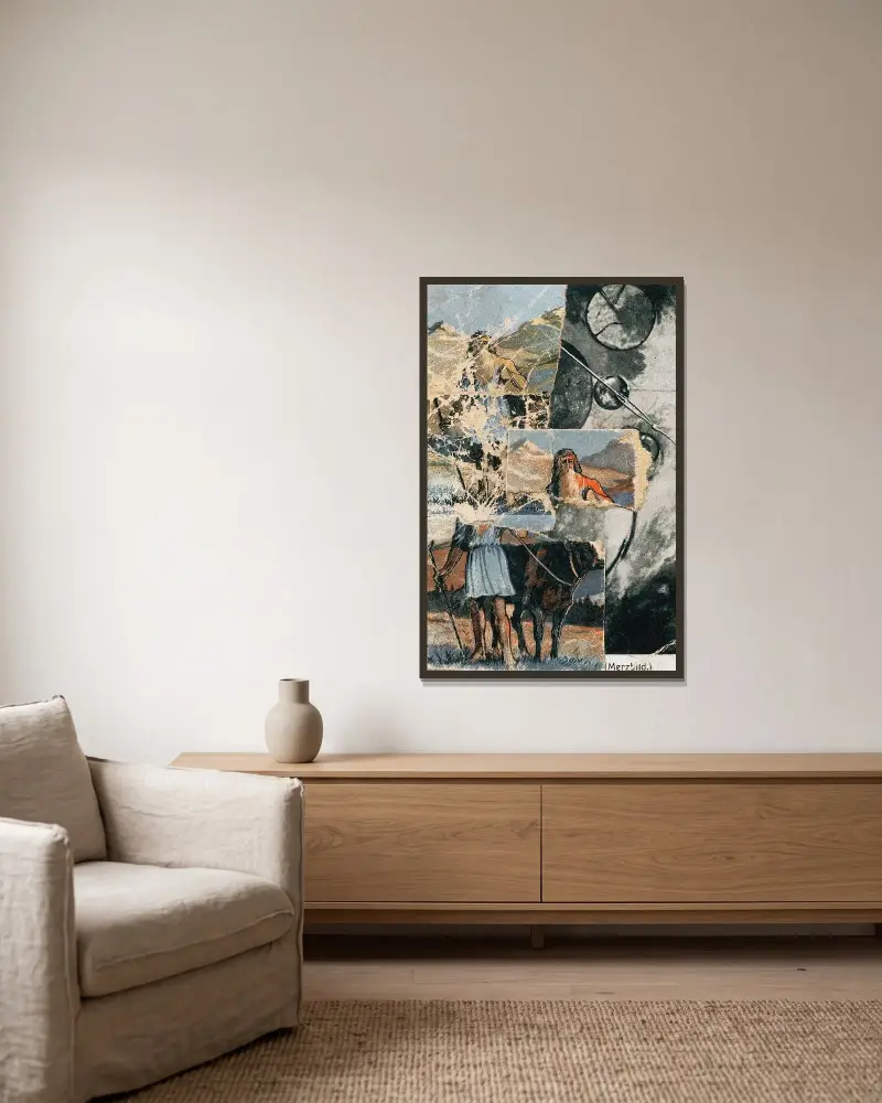 Utan titel (Kollagerad vykort Das Kreisen) av Kurt Schwitters inramad på en vägg