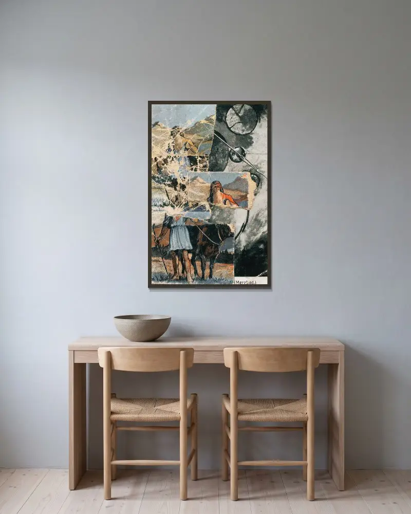 Utan titel (Kollagerad vykort Das Kreisen) av Kurt Schwitters inramad på en vägg