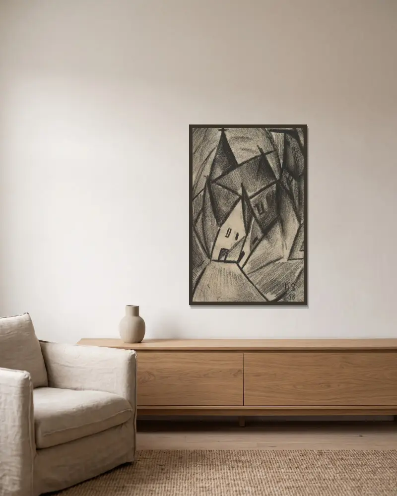 Nattlig by av Kurt Schwitters inramad på en vägg