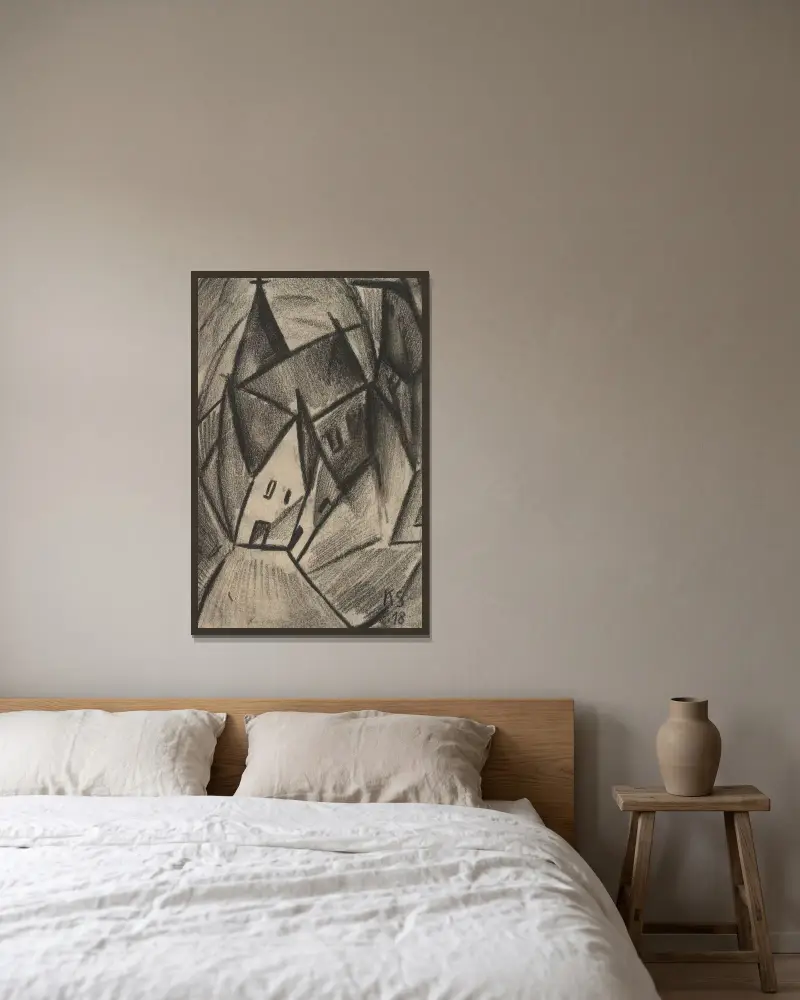 Nattlig by av Kurt Schwitters inramad på en vägg
