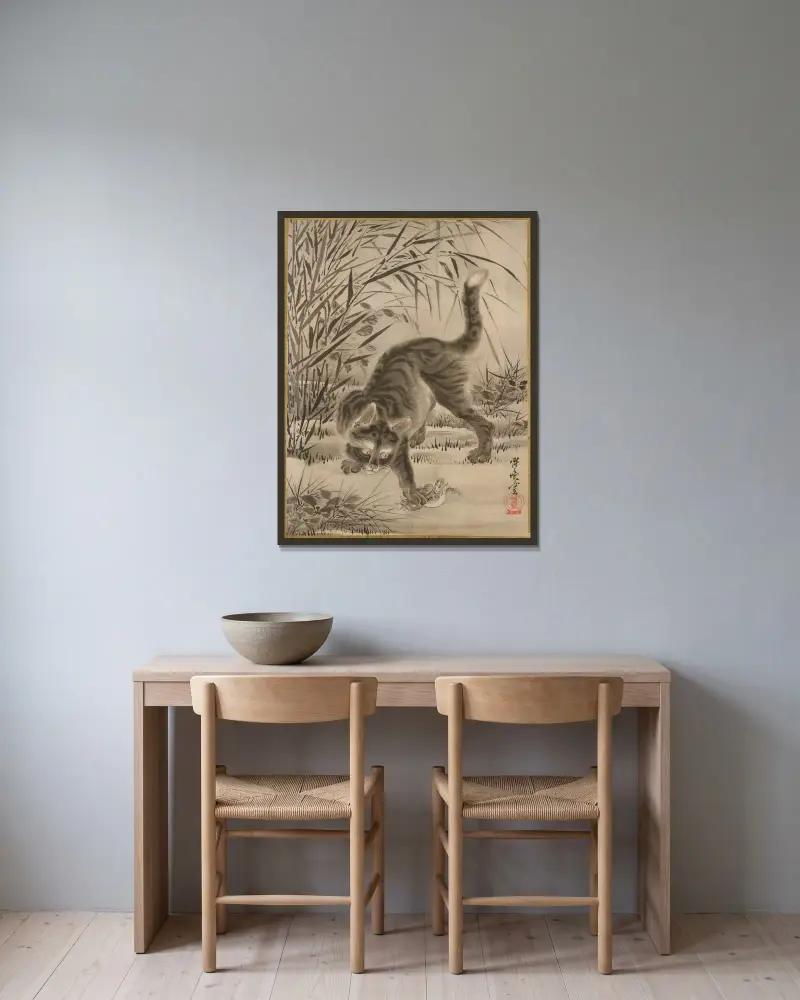 Katt som tar en groda av Kawanabe Kyōsai inramad på en vägg