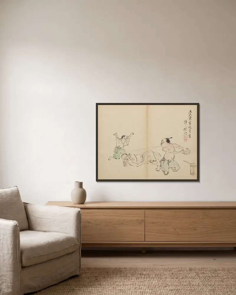 Erfrischender Sprühnebel beim Mittagsschlaf von Kawanabe Kyōsai gerahmt an einer Wand