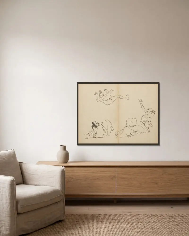 Courtiers’ Farting Contest av Kawanabe Kyōsai inramad på en vägg