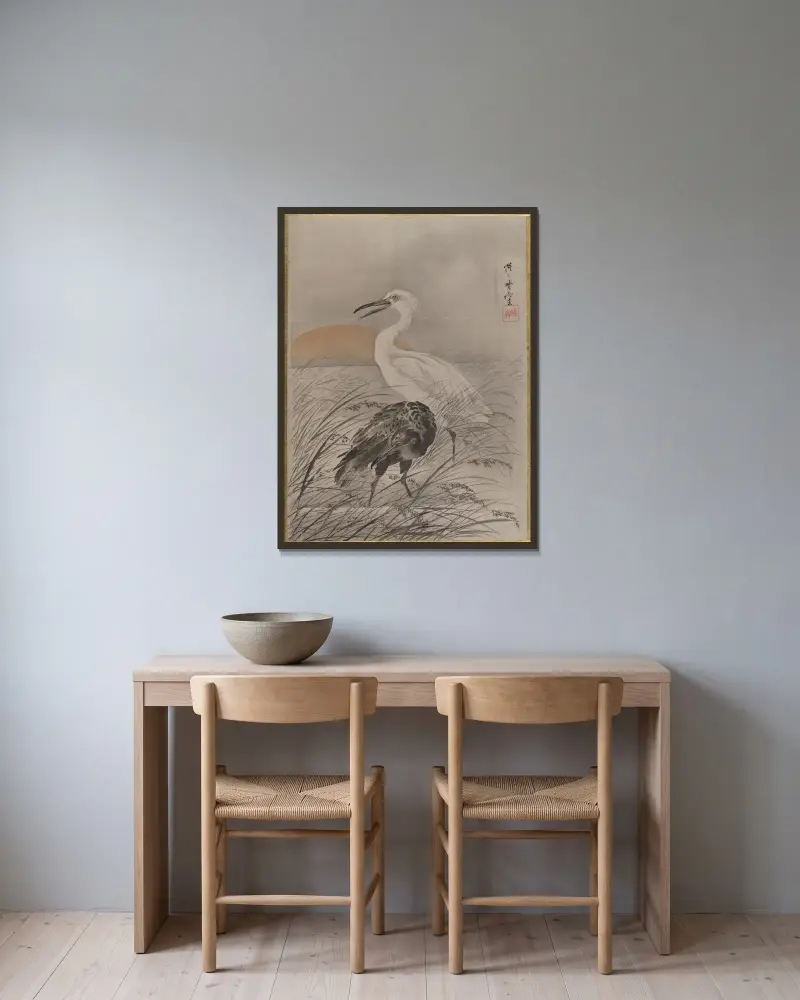Tranor i marskland av Kawanabe Kyōsai inramad på en vägg