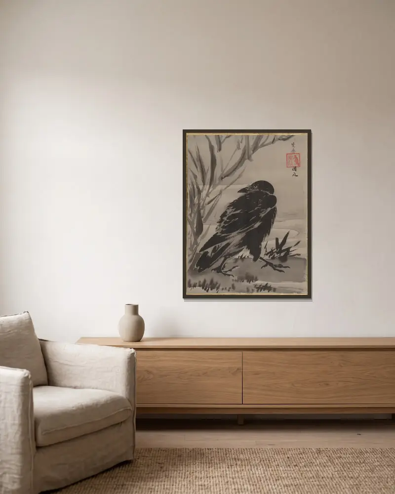 Crow and Reeds by a Stream av Kawanabe Kyōsai inramad på en vägg