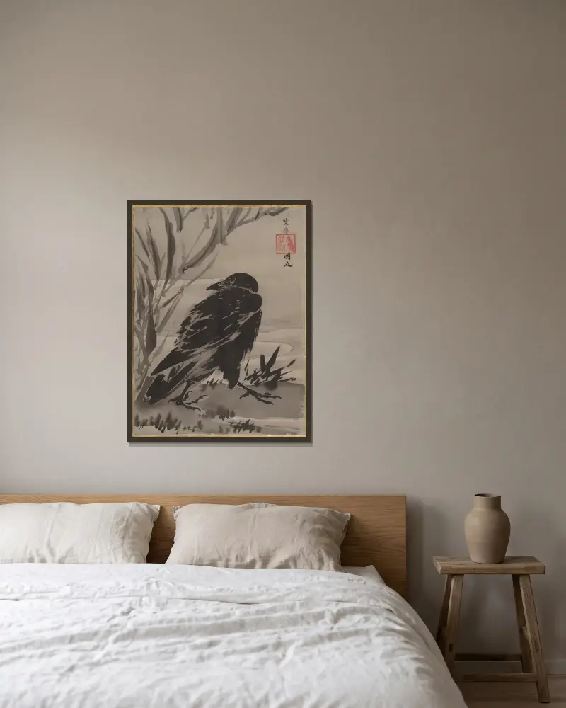 Crow and Reeds by a Stream av Kawanabe Kyōsai inramad på en vägg