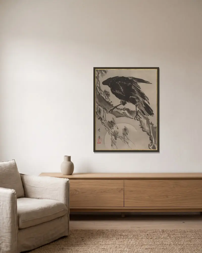 Kråka och måne av Kawanabe Kyōsai inramad på en vägg