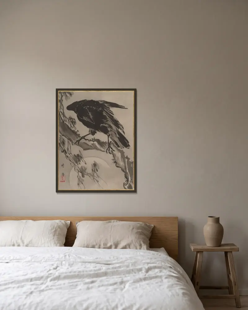 Kråka och måne av Kawanabe Kyōsai inramad på en vägg