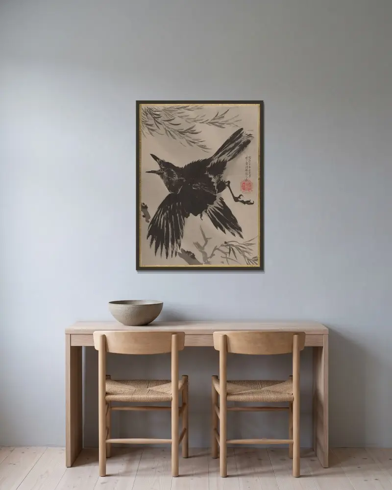 Kråka och pilträd av Kawanabe Kyōsai inramad på en vägg